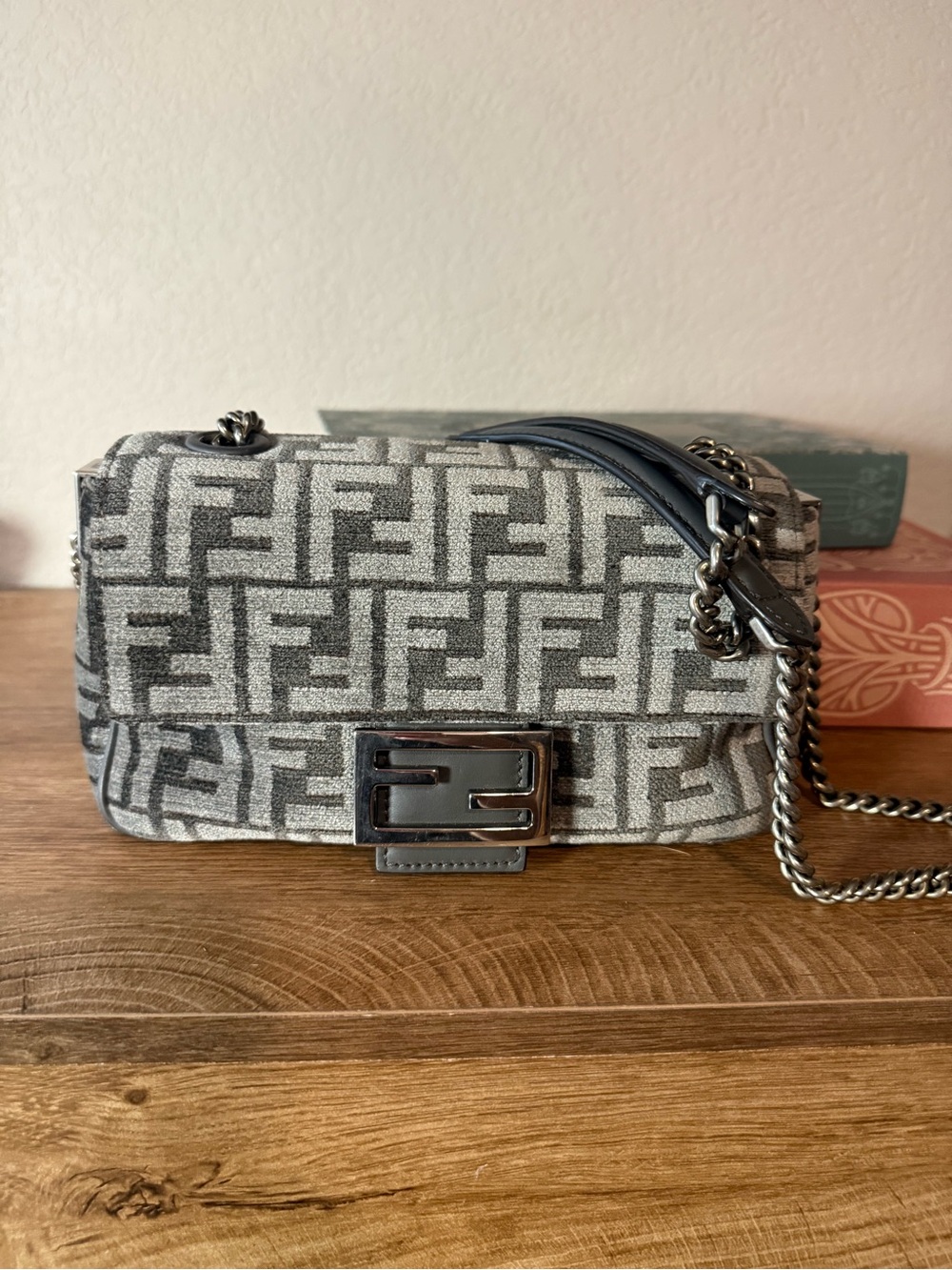 Fendi FF Logo Crossbody Bag in Gray Chenille